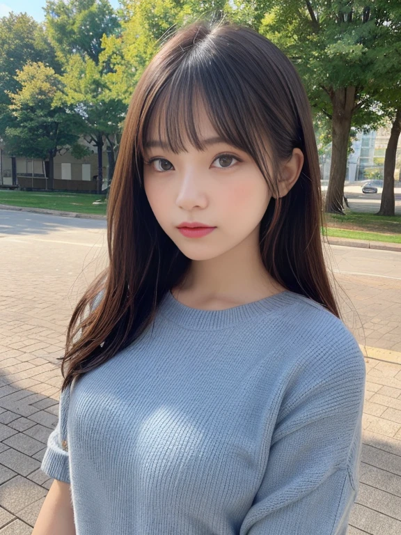 finely, High resolution, high quality、完璧なダイナミックな構shape, beautiful and detailed eyes, bob hair, small breasts、natural color lip,Kamimehibuya、20 year old girl、1 person、transparent skin、shining hair、table top, 最high quality, shape, Super detailed, finely, High resolution, 8K、correct state of the human body、Self snap、hair blowing in the wind，park with nature，i like the style，cute