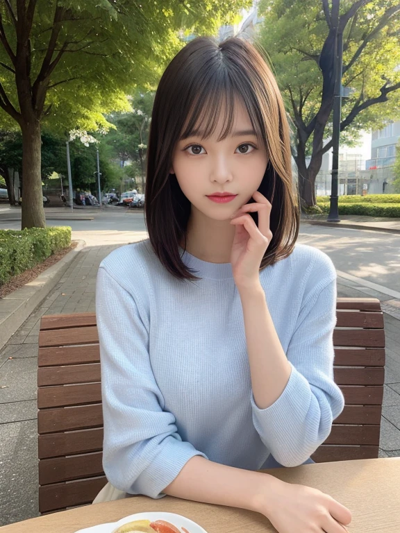 finely, High resolution, high quality、完璧なダイナミックな構shape, beautiful and detailed eyes, bob hair, small breasts、natural color lip,Kamimehibuya、20 year old girl、1 person、transparent skin、shining hair、table top, 最high quality, shape, Super detailed, finely, High resolution, 8K、correct state of the human body、Self snap、hair blowing in the wind,park with nature,i like the style,cute