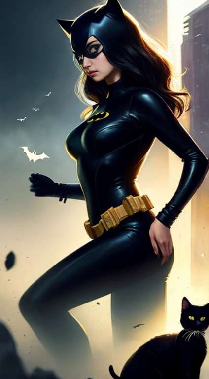 batman catwoman in wetsuit with cat ears and black cats ears, ultra realistic concept art, alena aenami and artgerm, ross tran 8 k, wojtek fus, beautiful digital artwork, ultrarealistic concept art, hyperrealistic concept art, by Raymond Han, by Ross Tran, karol bak uhd, realistic concept art, highly realistic concept art
