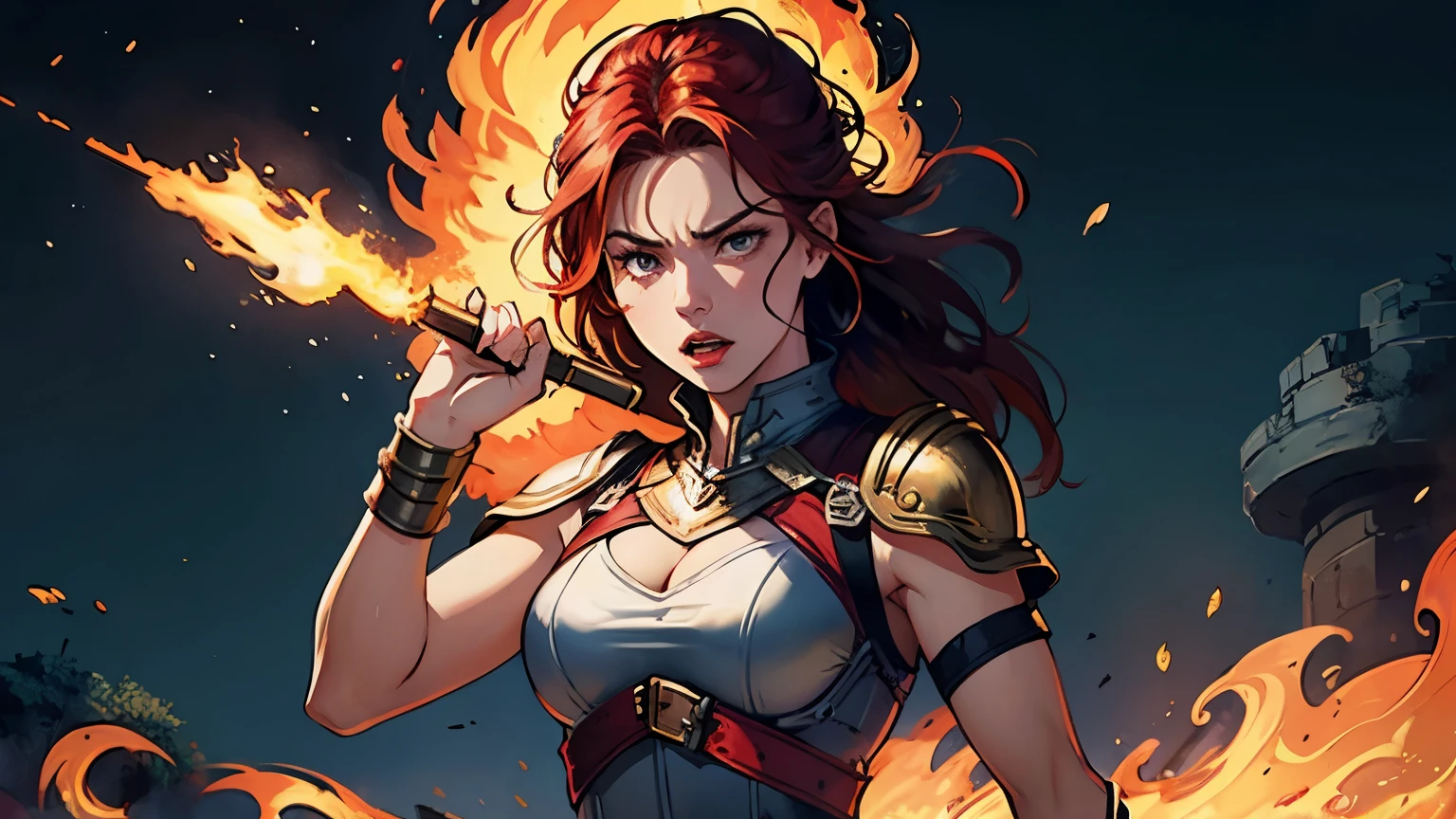 greek goddess of war and life, athena, furious woman with athletic military body, wearing female greek armour, long flame red hair with flames, 24 years old, uhd quality, animated style