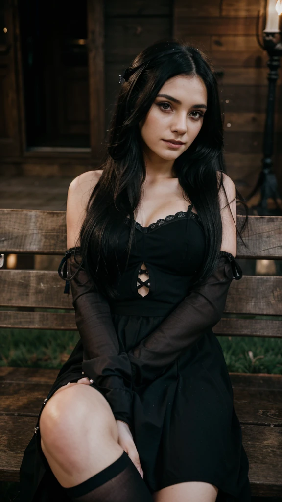 Young person with long black hair, dressed in gothic style, sitting on a wooden bench at a wedding gathering, midnight, cinematic, photo, 8k, photorealistic