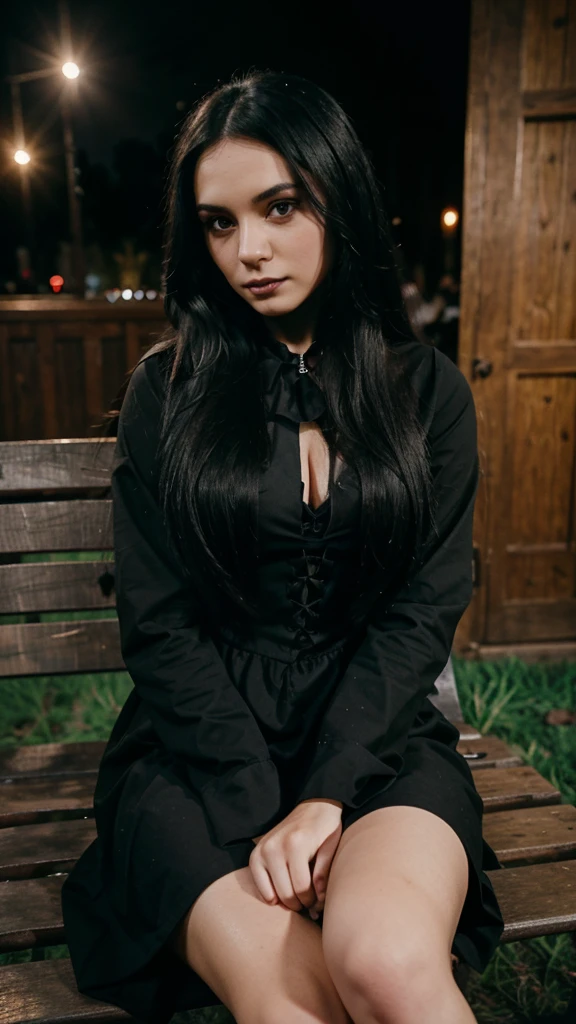 Young person with long black hair, dressed in gothic style, sitting on a wooden bench at a wedding gathering, midnight, cinematic, photo, 8k, photorealistic
