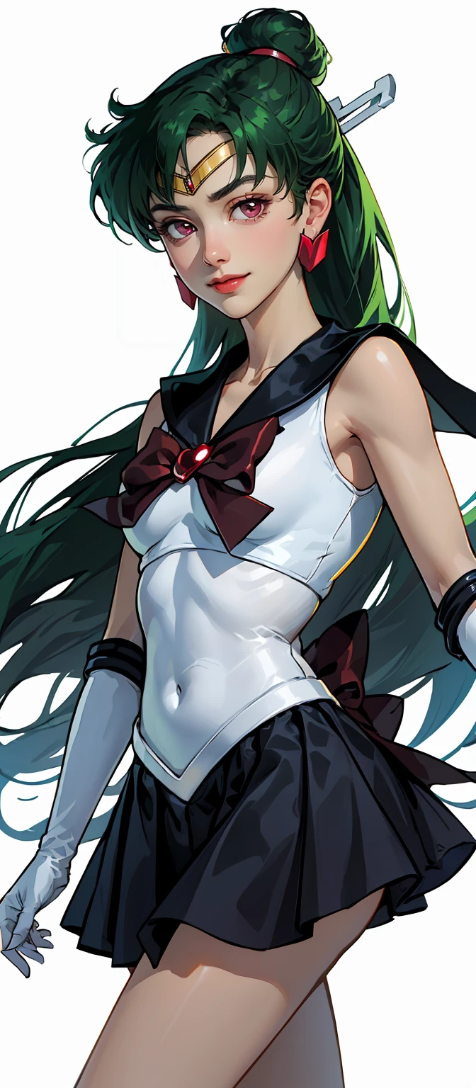 Masterpiece, Best Quality, High Resolution, 1girl, Solo, Ponytail, Green Hair, (Elbow Gloves), Headdress, dark red Bow, Tight Top, (Black Sailor Collar), White Gloves, Earrings, Smile, white Background, Black Skirt, (Sailor Pluto Uniform), (Sailor Pluto Uniform), standing, looking at the camera, dynamic poses. Leng Jun, White Top, Elbow Gloves, black boot, walking on the floor