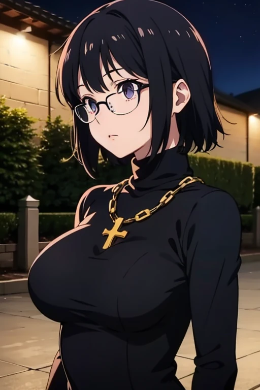 Purple Shizuku, 1 girl, cute, black hair, short hair, Glasses, Expressionless, huge breasts, ((tight black long sleeve turtleneck:1.5)), (Front view, Upper body, looking at the scenery), (masterpiece, High resolution, highest quality, anime color, anime screenshot, 8K, realistic), denim, inverted cross chain necklace, (Perfect detailed anatomy, beautiful and fine eyes&hair, Beautiful detailed body&Clothes), night outdoors