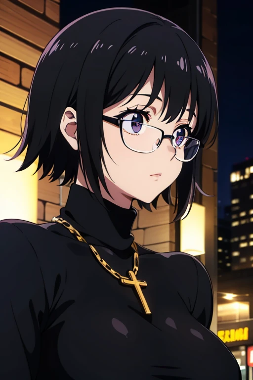 Purple Shizuku, 1 girl, cute, black hair, short hair, Glasses, Expressionless, huge breasts, ((tight black long sleeve turtleneck:1.5)), (Front view, Upper body, looking at the scenery), (masterpiece, High resolution, highest quality, anime color, anime screenshot, 8K, realistic), denim, inverted cross chain necklace, (Perfect detailed anatomy, beautiful and fine eyes&hair, Beautiful detailed body&Clothes), night outdoors