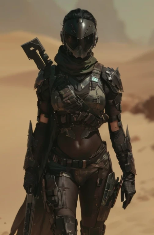 a close up of a person in a black suit holding a weapon, desert breathing armor, wearing techwear and armor, clothed in stealth armor, sci-fi female, wearing futuristic armor, clothed in sci-fi military armor, futuristic armor, futuristic clothing and helmet, sci fi female character, sci-fi armor, sci - fi armor