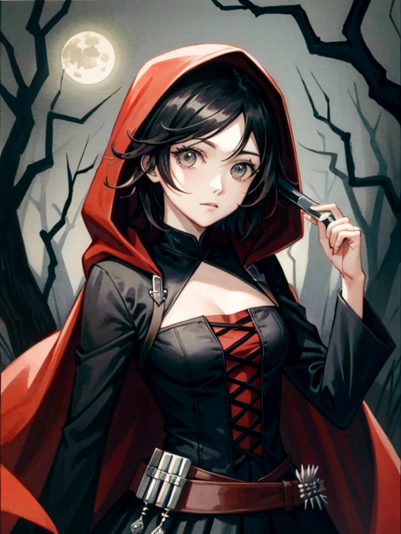 Gothic red riding hood holding the a sangriento ax, ruby rose, de pie sobre un lobo muerto en el suelo, sangriento, fancy, hermoso, elegante, Destello de lente, Intrincadamente detallado, salpicaduras de sangre, oscuro, Retroiluminado, godo, luz de la luna, bosque, horror, ominoso, acuarela, ilustrativo, Oh!, oil on canvas
