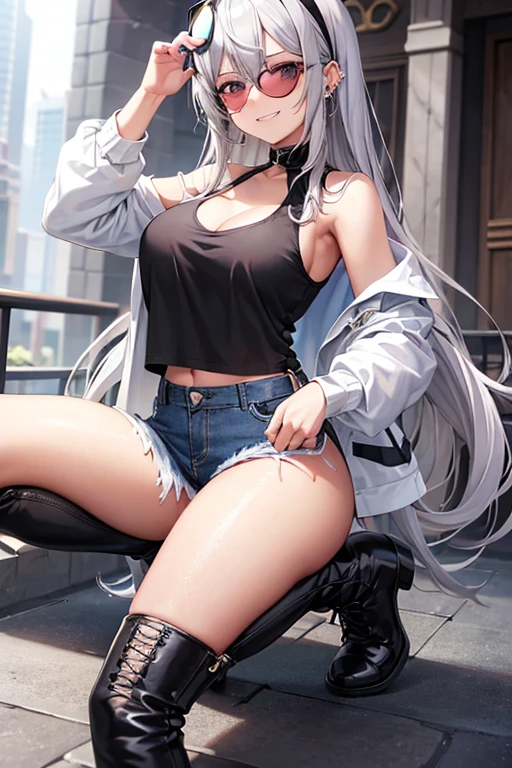 Girl, silver hair, piercings, smile, white shirt, black vest, ripped jeans, boots, sunglasses on head, silver eyes