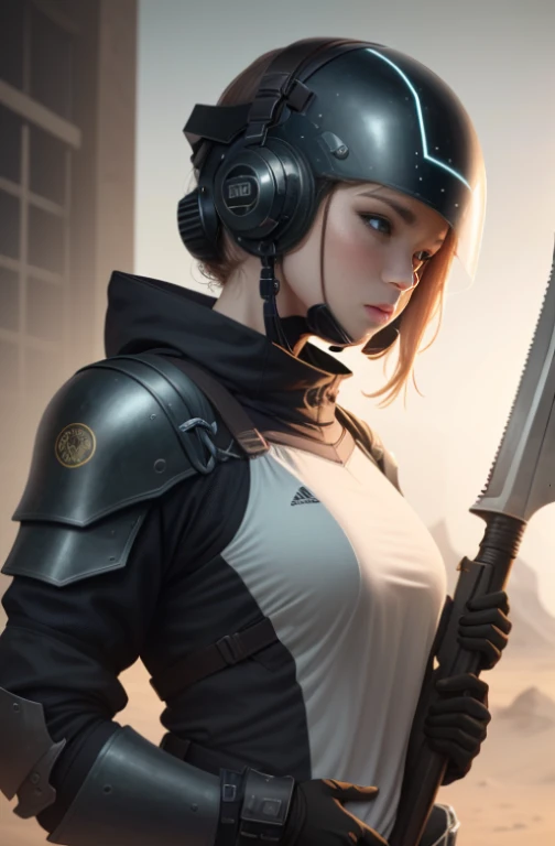 a close up of a person in a black suit holding a weapon, desert breathing armor, wearing techwear and armor, clothed in stealth armor, sci-fi female, wearing futuristic armor, clothed in sci-fi military armor, futuristic armor, futuristic clothing and helmet, sci fi female character, sci-fi armor, sci - fi armor