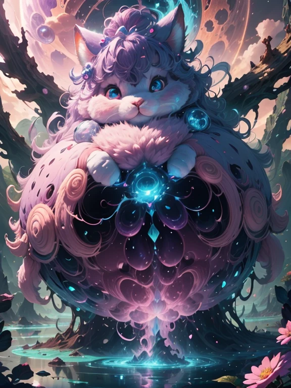 fluffy,fantasy,gigantic rabbit-like creature,fantastic eyes,fantasy ears,furry body,rounded shape,lively expression,cute nose,playful disposition,fantasy world,enchanted garden,magical aura,colorful flowers,golden sunshine,mystical background,adorable and chubby creature,bright and vibrant colors,soft and delicate fur,bright and expressive eyes,bouncy and energetic personality,appearing like a Pokémon,whimsical and magical scene,(best quality,4k,8k,highres,masterpiece:1.2),ultra-detailed,(realistic,photorealistic,photo-realistic:1.37),artistic rendering,vivid colors,magical lighting