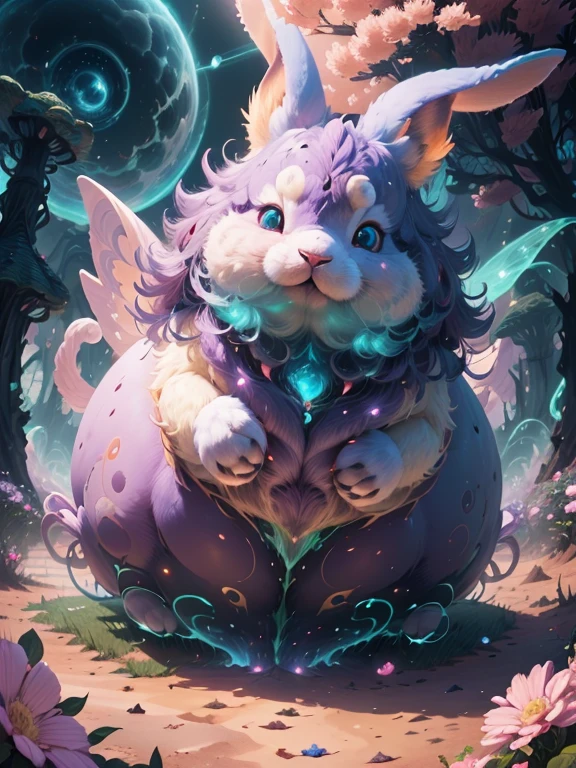 fluffy,fantasy,gigantic rabbit-like creature,fantastic eyes,fantasy ears,furry body,rounded shape,lively expression,cute nose,playful disposition,fantasy world,enchanted garden,magical aura,colorful flowers,golden sunshine,mystical background,adorable and chubby creature,bright and vibrant colors,soft and delicate fur,bright and expressive eyes,bouncy and energetic personality,appearing like a Pokémon,whimsical and magical scene,(best quality,4k,8k,highres,masterpiece:1.2),ultra-detailed,(realistic,photorealistic,photo-realistic:1.37),artistic rendering,vivid colors,magical lighting