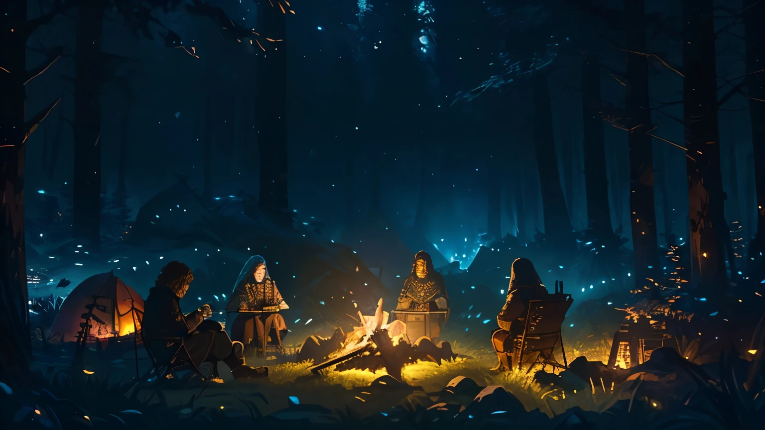 travelers, adventurers, camping, dark lemu, gathered around the campfire, illustrations for dnd, (best quality:1.2), ultra-detailed, realistic:1.37, HDR, studio lighting, vivid colors, portraits, landscape, bokeh, (digital illustrations), (fantasy theme), (moonlit night), (lush forest), (firelight), (mysterious atmosphere), (cosy campsite), (camping gear), (expedition), (exploring the unknown), (epic journey), (characters in action), (diverse team), (medieval setting), (swords and shields), (enchanted creatures), (mystical artifacts), (dramatic poses), (intense expressions), (sense of adventure), (hidden dangers), (dynamic angles), (rich textures), (immersive storytelling), (nighttime ambiance), (deep shadows), (glowing embers), (spellbinding visuals), (captivating illustrations)