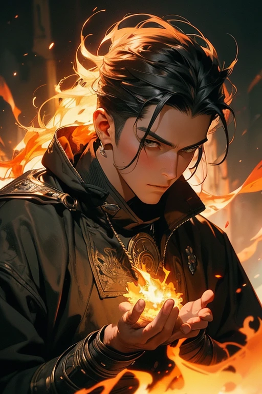 sks handsome guy avatar, Post-apocalyptic winged fire mage, complex, elegant, Very detailed, number, art station, concept art, Smooth, sharp focus, illustration, art work：Krenz Cushat、Artem Demura and Alphonse Mucha, ((There is fire on the hands))