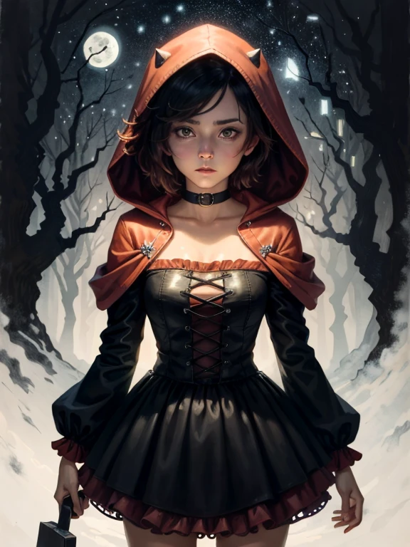 Gothic red riding hood holding the a sangriento ax, ruby rose, de pie sobre un lobo muerto en el suelo, sangriento, fancy, hermoso, elegante, Destello de lente, Intrincadamente detallado, salpicaduras de sangre, oscuro, Retroiluminado, godo, luz de la luna, bosque, horror, ominoso, acuarela, ilustrativo, Oh!, oil on canvas