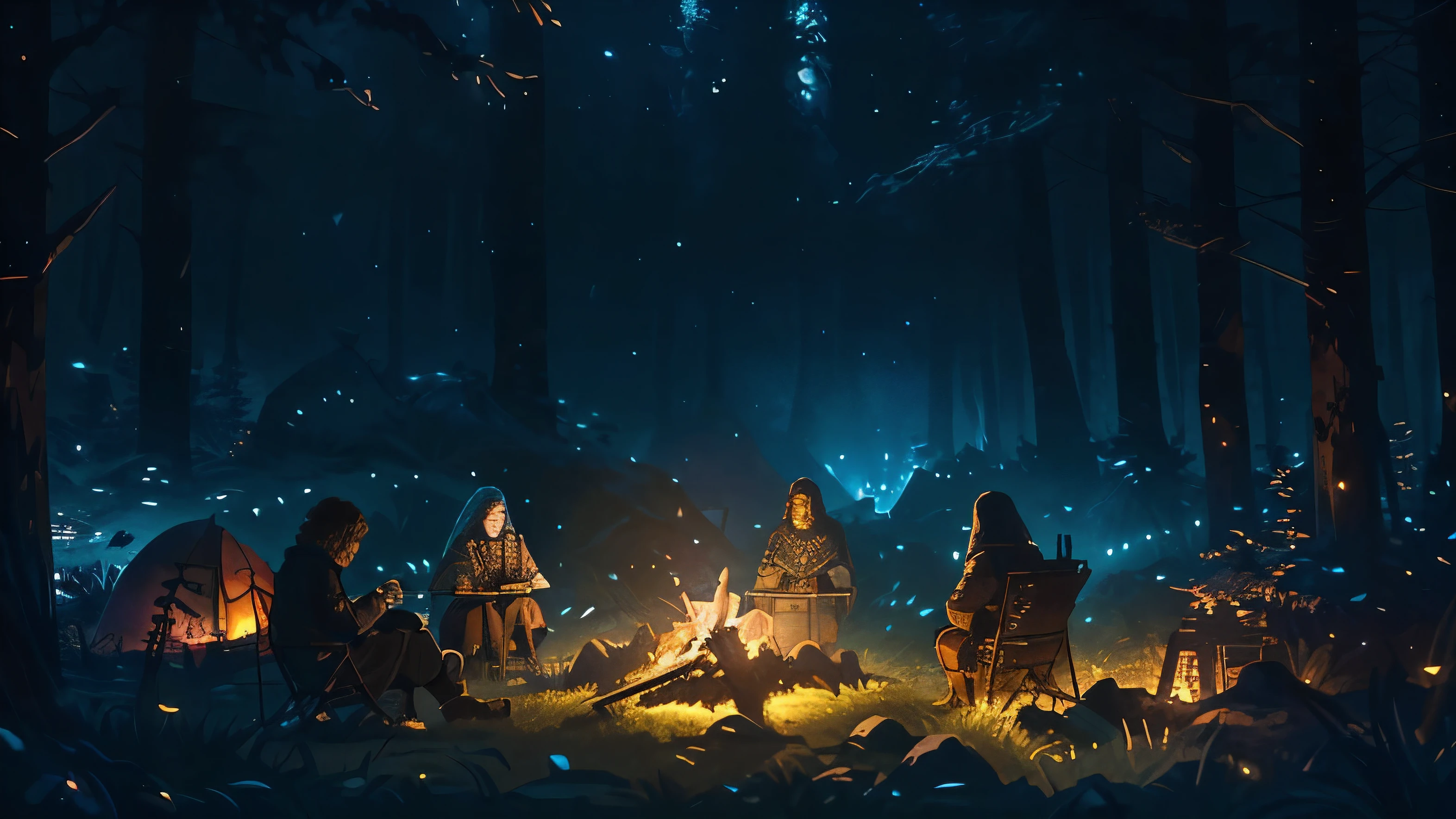 Travellers, Adventurers, Outdoor recreation, dark slow, gathered around the fire, illustrations for dnd, (Best quality:1.2), ultra detailed, Realistic:1.37, HDR, Studio lighting, bright colors, portraits, landscape, hips, (Digital illustrations), (Fantasy theme), (Moonlight night), (lush forest), (fire light), (mysterious atmosphere), (cozy camping), (Outdoor recreation gear), (expedition), (Exploring the Unknown), (Epic Journey), (characters in action), (diverse team), (medieval setting), (swords and shields), (Enchanted creatures), (Mystical Artifacts), (Dramatic poses), (Intense expressions), (sense of adventure), (hidden dangers), (Dynamic Angles), (rich textures), (Immersive storytelling), (night ambience), (Deep shadows), (glowing embers), (Mesmerizing visuals), (Fascinating illustrations)