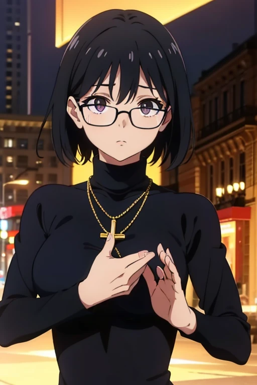 Purple Shizuku, 1 girl, cute, black hair, short hair, Glasses, Expressionless, huge breasts, ((tight black long sleeve turtleneck:1.5)), (Front view, Upper body, looking at the scenery), (masterpiece, High resolution, highest quality, anime color, anime screenshot, 8K, realistic), denim, inverted cross chain necklace, (Perfect detailed anatomy, beautiful and fine eyes&hair, Beautiful detailed body&Clothes), outdoor morning