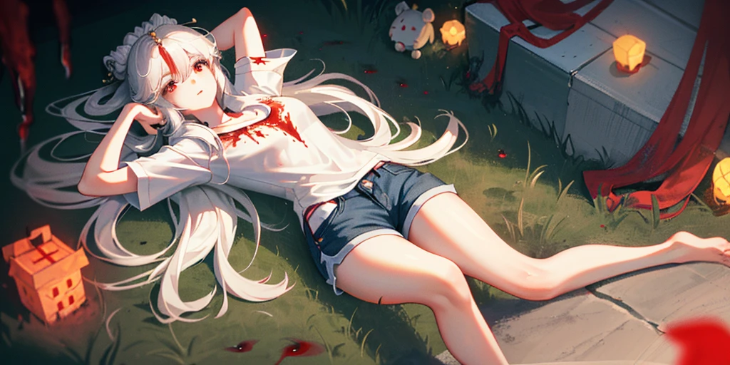 (lying on the roadside on one&#39;s back:1.2), Ning Guang, 1 girl, alone, ((white shirt)), barefoot, huge breasts, cleavage, uniform, ((Killed)), ((From above)), (cinematic lighting), (Put your arms on the ground), ((Sea of Blood)), dutch angle, ((Bloody Body)), ((blood on their clothes)), ((rape face)), ((As it is)), (((horror))), denim shorts, office, hair between eyes, hair ornaments, large chest, long hair, silver hair, silver short nails, red eyes, alone, (Thin knees, thick thighs), very long hair, ((masterpiece)), name tag, id tag, ((Open your eyes)), ((long legs))