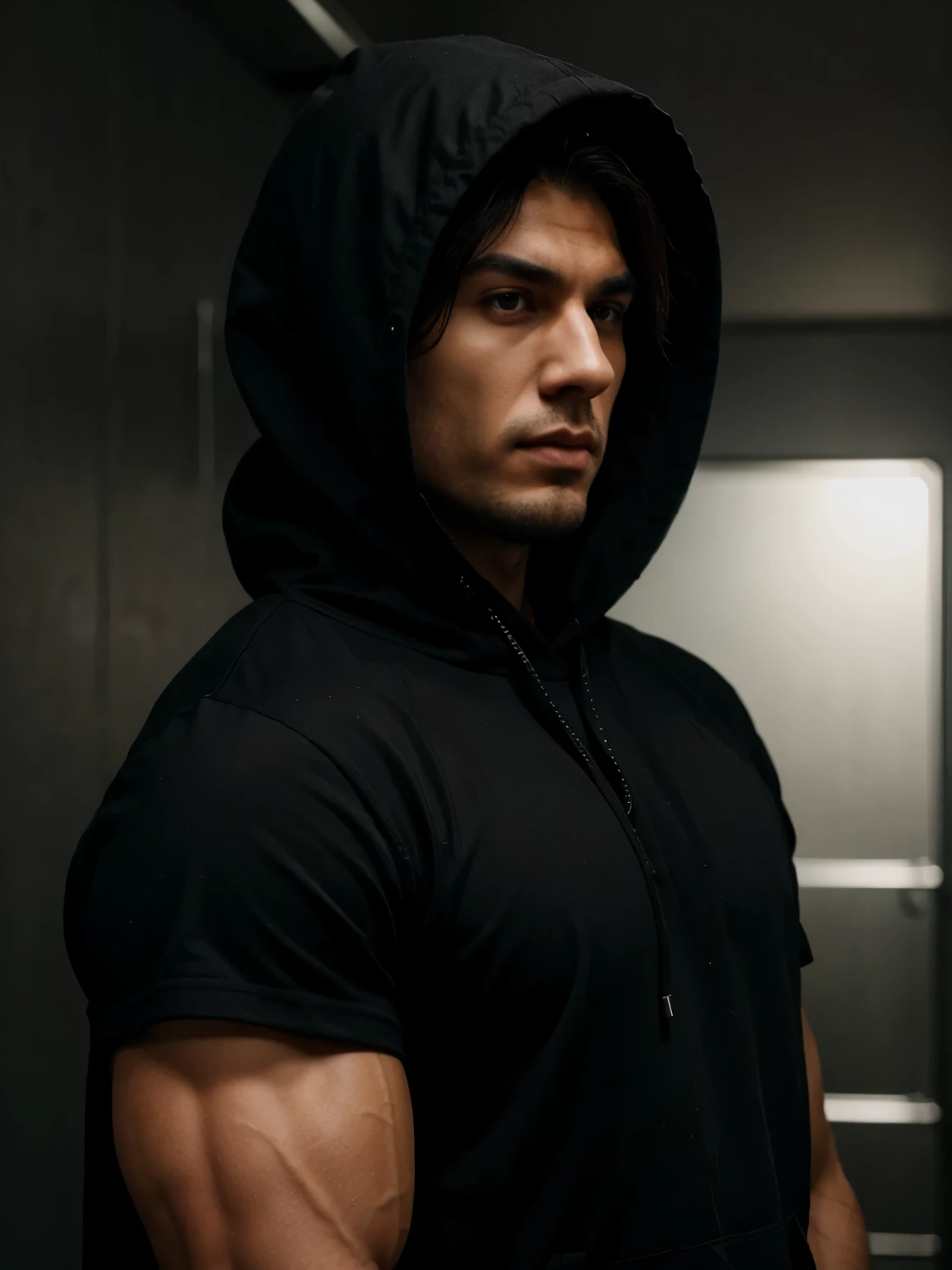 makes him extremely muscular and dressed in black with a hood 