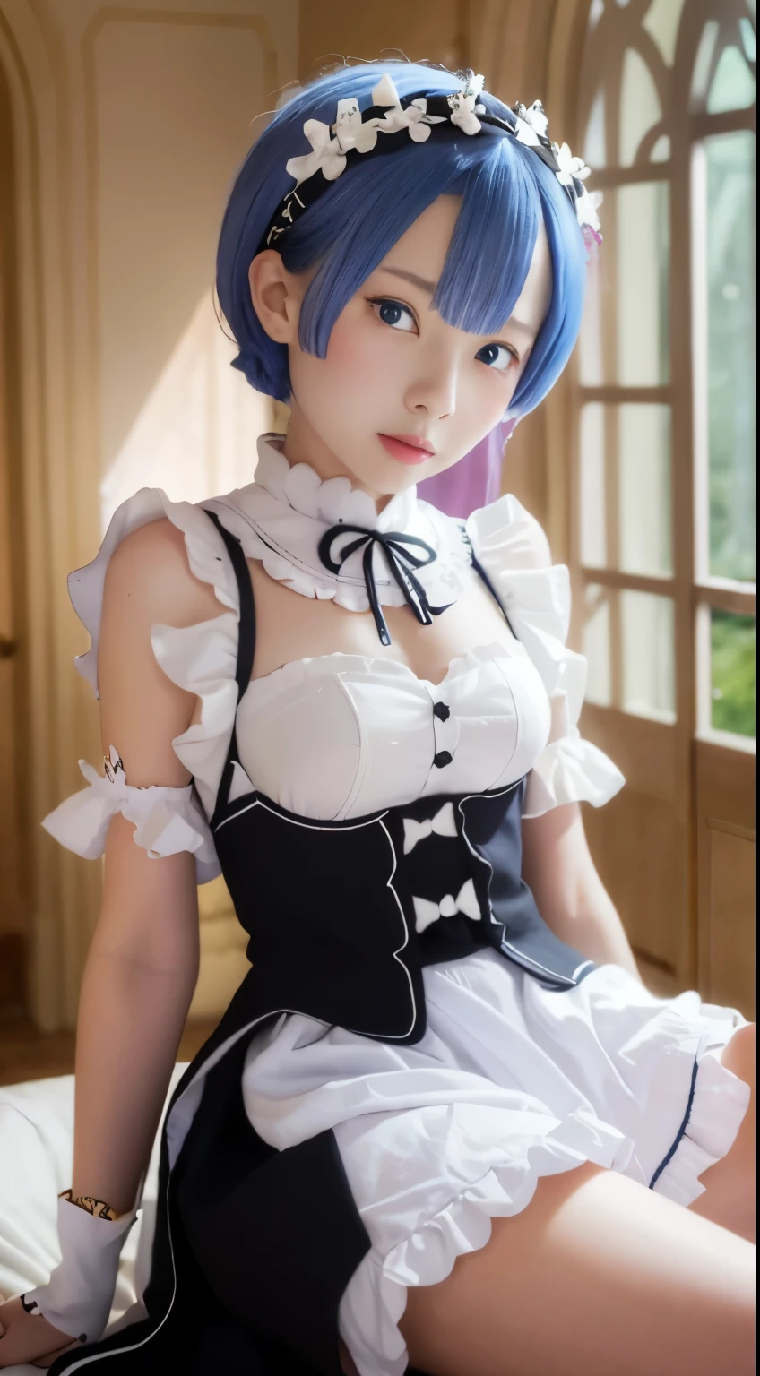 (masterpiece:1.6, highest quality), (Beautiful detailed eyes: 1.2), ticker_Rem, Remhd, 1 girl, blue hair, alone,One eye is hidden by hair, blue eyes, ×hair ornament,roswaal mansion maid uniform, maid, bed,whole body,spread legs