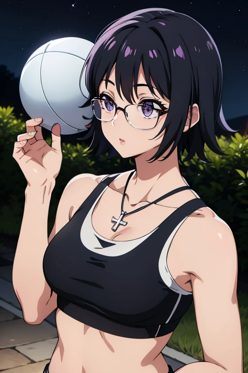 Purple Shizuku, 1 girl, cute, black hair, short hair, Glasses, Expressionless, 巨大なchest, ((White Sports Bra:1.5)), (Front view, Upper body, looking at the scenery), (masterpiece, High resolution, highest quality, anime color, anime screenshot, 8K, realistic), denim, inverted cross chain necklace, (Perfect detailed anatomy, beautiful and fine eyes&hair, Beautiful detailed body&chest), night outdoors