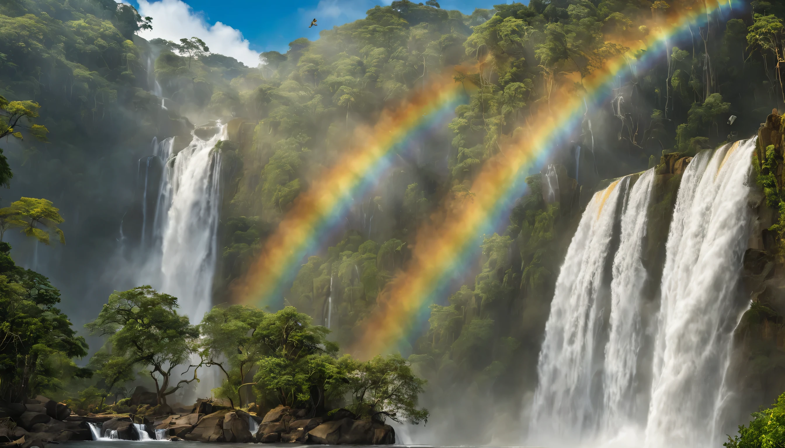 
a beautiful waterfall with rainbows and birds in the sky, dia lindo,claro,estilo tropical,realista,agua bem clara,peixes saltando no rio,foto realista 8k,alta qualidade,cinematic style,lentes de cinema