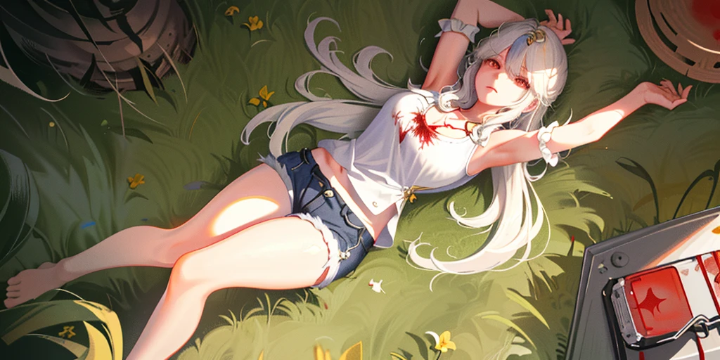 (lying on the roadside on one's back:1.2), Ning Guang, 1 girl, alone, ((white shirt)), barefoot, huge breasts, cleavage, uniform, ((Killed)), ((From above)), (cinematic lighting), (Put your arms on the ground), ((Sea of Blood)), dutch angle, ((Bloody Body)), ((blood on their clothes)), ((rape face)), ((stab marks on the abdomen)), (((horror))), denim shorts, office, hair between eyes, hair ornaments, large chest, long hair, silver hair, silver short nails, red eyes, alone, (Thin knees, thick thighs), very long hair, ((masterpiece)), name tag, id tag, ((Open your eyes)), ((long legs))