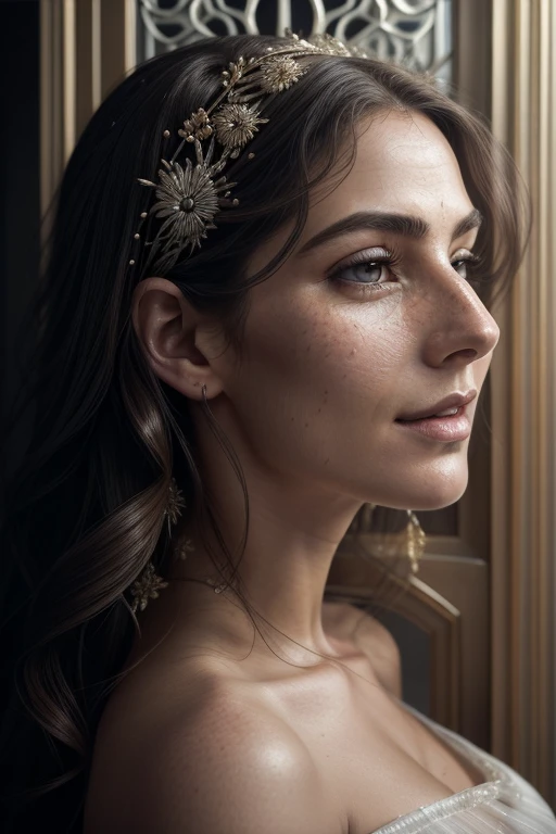 In the artistic style of Yigal Ozeri, capturing the essence of intense close-ups, this remarkable image showcases a young woman's radiant smile as she stands gracefully in a flowing white dress against a door frame. The level of detail and precision is truly astounding, with the image rendered in a staggering 32K ultra-high definition, allowing every freckle, wrinkle, and strand of hair to be showcased with unparalleled clarity. Drawing inspiration from the works of Karol Bak, the woman's beauty is idealized and ethereal, her features possessing a frayed, wavy allure. This masterpiece captivates the viewer with its depiction of an exquisitely captured moment, invoking a sense of awe and wonder at the depths of