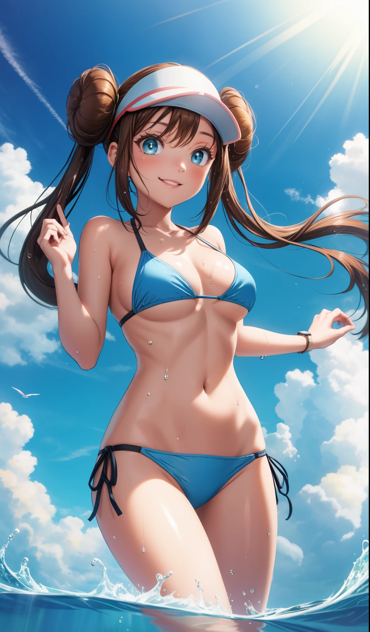 twintails, smile, perfect eyes:1.2, wet, skindentation, wet skin, sweat, glossy skin, detailed eyes:1.4, ro1, beach, long hair:1.2, hair bun, visor cap, bikini, blue eyes, cowboy shot, 1girl, solo, (masterpiece:1.6, best quality), 8k, insane details, intricate details, hyperdetailed, hyper quality, high detail, ultra detailed, professional, HDR, ray tracing reflection, cinematic lighting