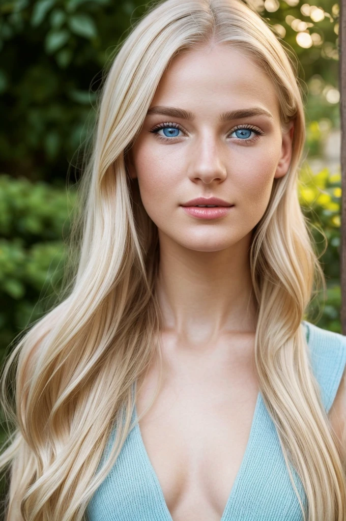 best quality, 8k uhd, closeup portrait photo, 23 years old girl with light blonde hair and light blue eyes. Her face is match with the golden radio. European skin. Sharp eybrows. Graceful nose. Red lips. She has a birthmark on her face near to his left eye. She is in a garden.