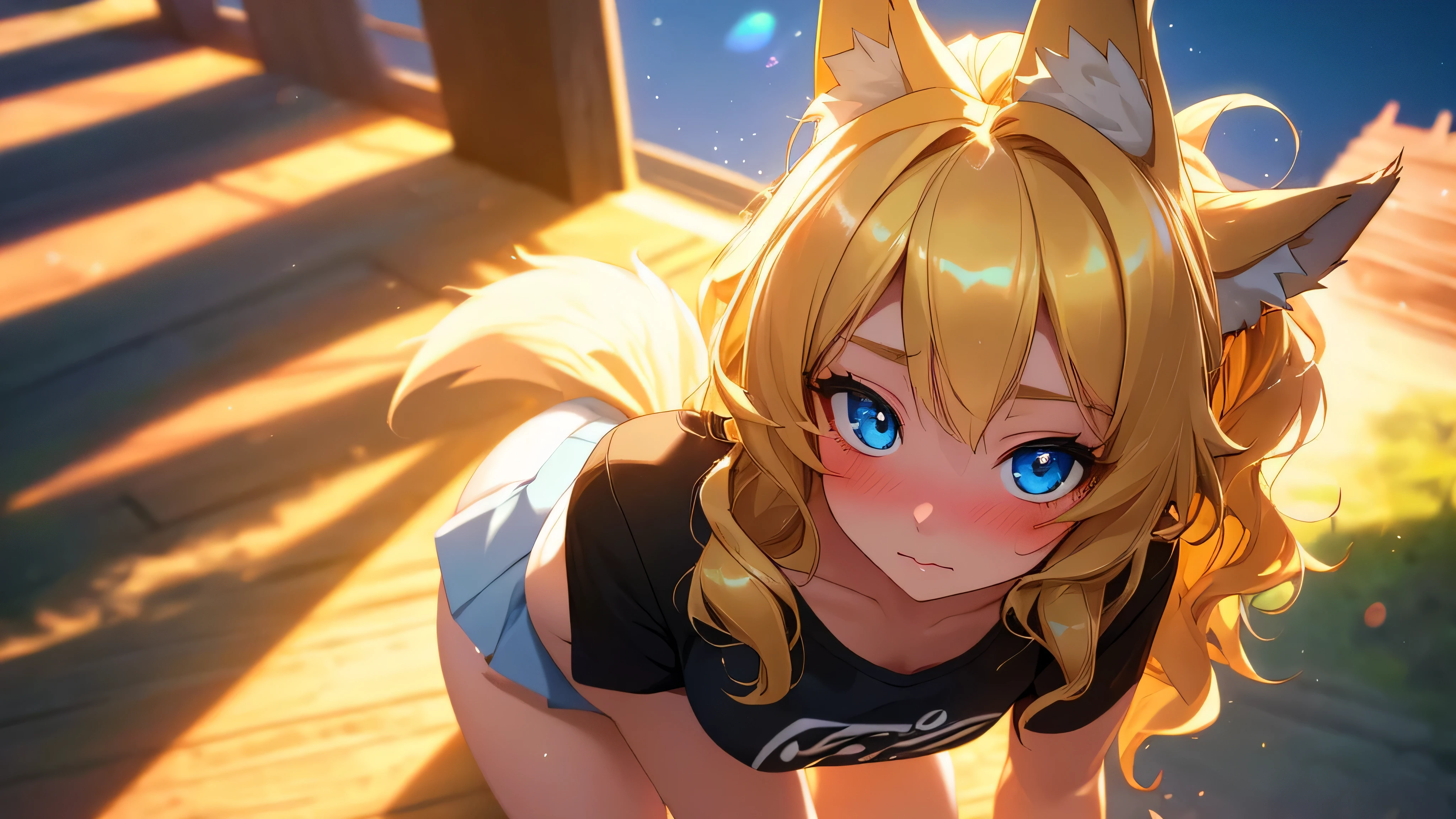 masterpiece, best quality, wolf girl, elegant, 1girl, wolf ears, wolf tail, cute, blushed, looking at viewer, from above, blonde wavy hair, mini skirt, white and black striped T-shirt, blue eyes, beautiful eyes, beautiful background, light particles, sun rays, dramatic lighting, outside, shiny, realistic, masterpiece, best quality, ultra-detailed, detailed, scenery, beautiful detailed eyes, detailed hair