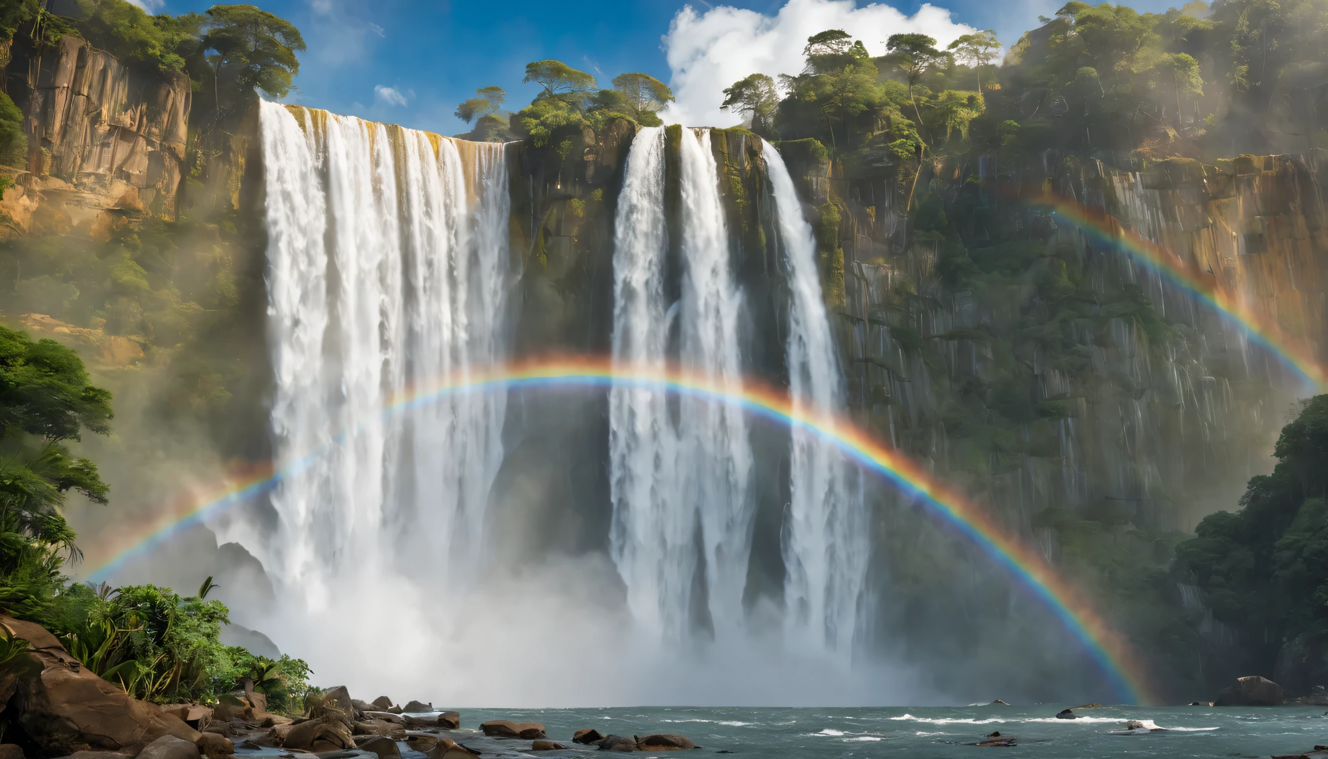 a beautiful waterfall with rainbows and birds in the sky, dia lindo,claro,estilo tropical,realista,agua bem clara,peixes saltando no rio,foto realista 8k,alta qualidade,cinematic style,lentes de cinema
