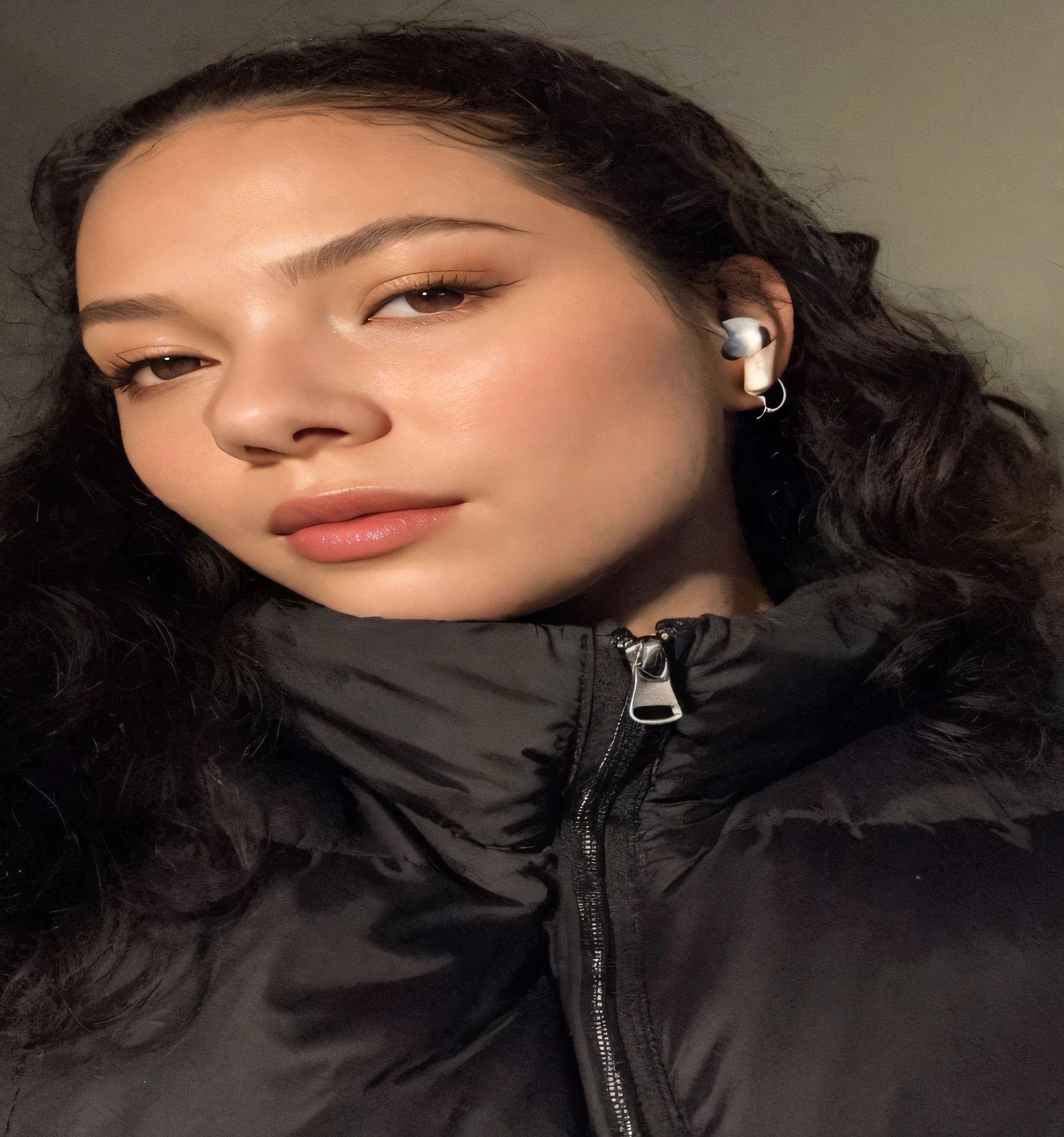 Mujer arafed con auriculares en las orejas y una chaqueta negra, rostro perfectamente iluminado, face is brightly lit, taken in the early 2020s, imagen de perfil, resplandeciente, huge earrings and strange makeup, foto de perfil en la cabeza, Retrato de Sophie Mudd, foto de perfil, tomado en 2 0 2 0, frente a un fondo negro