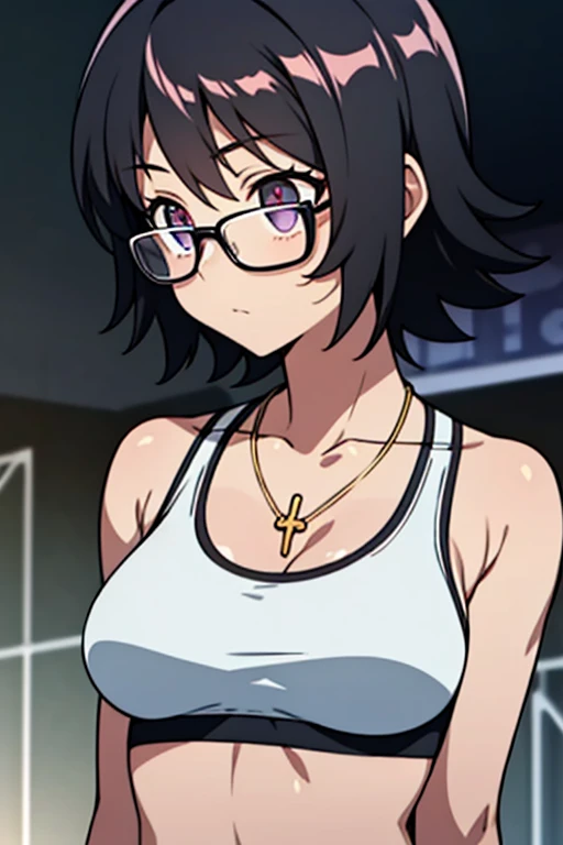 Purple Shizuku, 1 girl, cute, black hair, short hair, Glasses, Expressionless, 巨大なchest, ((White Sports Bra:1.5)), (Front view, Upper body, looking at the scenery), (masterpiece, High resolution, highest quality, anime color, anime screenshot, 8K, realistic), denim, inverted cross chain necklace, (Perfect detailed anatomy, beautiful and fine eyes&hair, Beautiful detailed body&chest), night outdoors