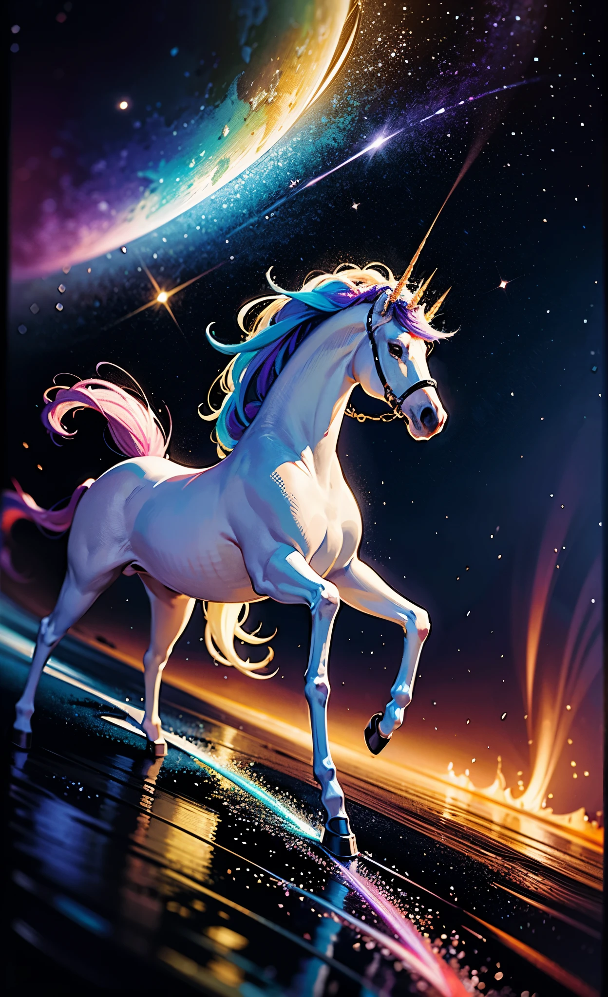 Unicorn、Unicorn、Photo galactic river, spiral, space, nebula, performer, cigarette, iridescent, intricate details, art form, octane rendering, 8K Hyperrealistic, realistic texture, Unreal Natural Lighting Engine, Cinestill 800, (35mm lens)、