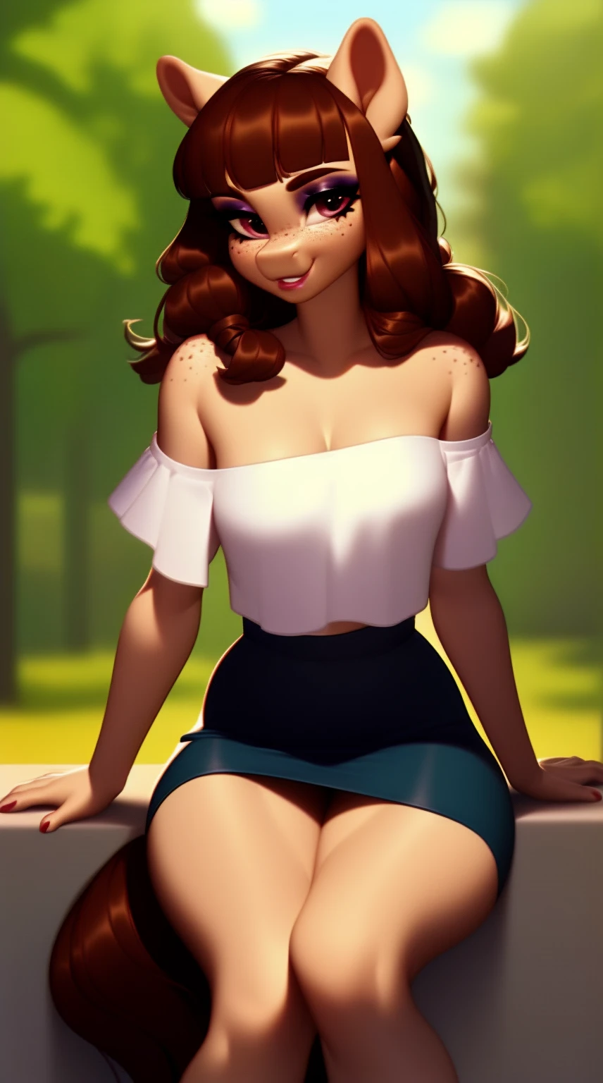 (score_9), (source_ derpibooru_p_95), (earth pony), ((anthro oc pony :1.1)), (shoulderless sexy tight skater dress), blushing, solo, realistic long brown hair, bangs, anatomically correct, flat chest, tall tone figure , skinny waist, hips, high res, pink bottom lip, extremely detailed, tween, filly, absolutely stunning, freckles, makeup, 