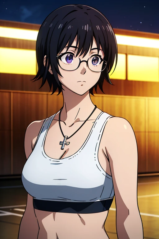 Purple Shizuku, 1 girl, cute, black hair, short hair, Glasses, Expressionless, 巨大なchest, ((White Sports Bra:1.5)), (Front view, Upper body, looking at the scenery), (masterpiece, High resolution, highest quality, anime color, anime screenshot, 8K, realistic), denim, inverted cross chain necklace, (Perfect detailed anatomy, beautiful and fine eyes&hair, Beautiful detailed body&chest), night outdoors