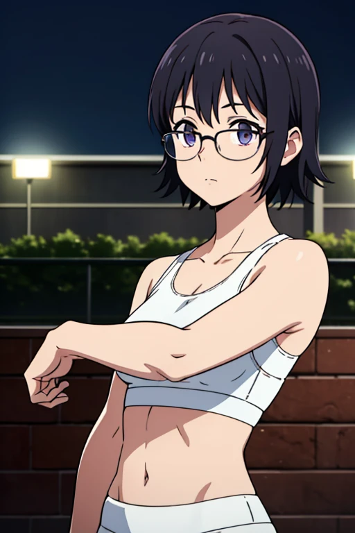 Purple Shizuku, 1 girl, cute, black hair, short hair, Glasses, Expressionless, 巨大なchest, ((White Sports Bra:1.5)), (Front view, Upper body, looking at the scenery), (masterpiece, High resolution, highest quality, anime color, anime screenshot, 8K, realistic), denim, inverted cross chain necklace, (Perfect detailed anatomy, beautiful and fine eyes&hair, Beautiful detailed body&chest), night outdoors