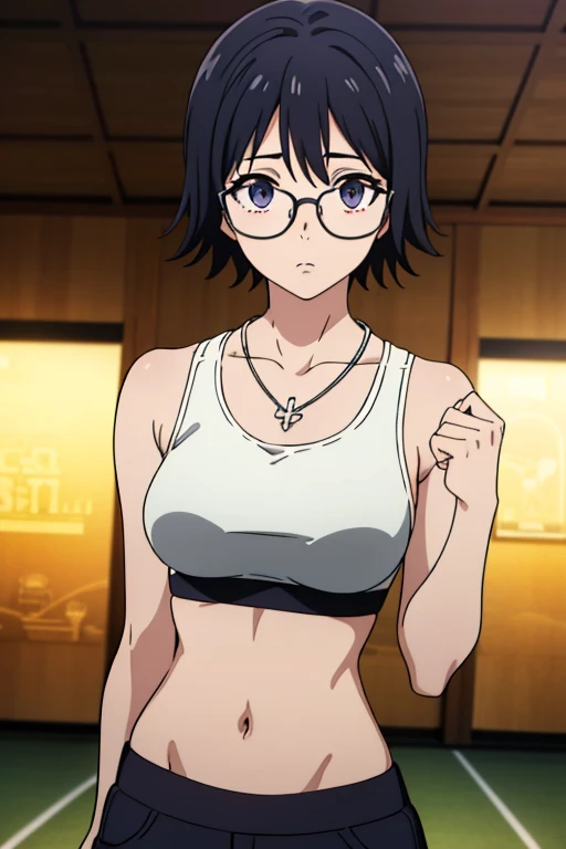 Purple Shizuku, 1 girl, cute, black hair, short hair, Glasses, Expressionless, 巨大なchest, ((White Sports Bra:1.5)), (Front view, Upper body, looking at the scenery), (masterpiece, High resolution, highest quality, anime color, anime screenshot, 8K, realistic), denim, inverted cross chain necklace, (Perfect detailed anatomy, beautiful and fine eyes&hair, Beautiful detailed body&chest), night outdoors