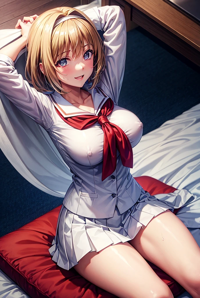 1 girl,highest quality,Super high quality,highest quality,anime characters,beautiful eyes,Detailed contours,big breasts,spread your legs,messy hair,from directly above,sweat all over,bronze hair,beautiful big breasts,I'm climaxing,Delighted,Nipples seem to be visible but not visible,,on the bed,white Y-shirt,school uniform,Exposed shoulders,Angle from above,upper body only,Topless,Nipples are fully visible,Full view of pussy,smile,spread your legs,Kikyo Kushida,short hair,white hair band,white mini skirt,Red Blazer,