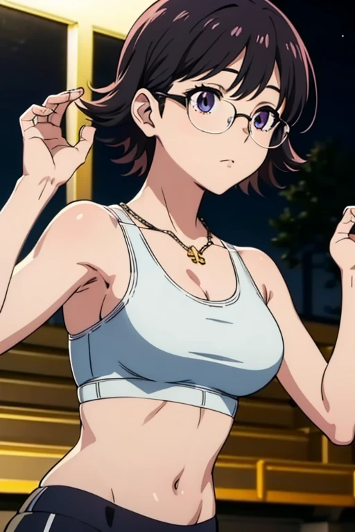 Purple Shizuku, 1 girl, cute, black hair, short hair, Glasses, Expressionless, とても巨大なchest, ((White Sports Bra:1.5)), (Front view, Upper body, looking at the scenery), (masterpiece, High resolution, highest quality, anime color, anime screenshot, 8K, realistic), denim, inverted cross chain necklace, (Perfect detailed anatomy, beautiful and fine eyes&hair, Beautiful detailed body&chest), night outdoors