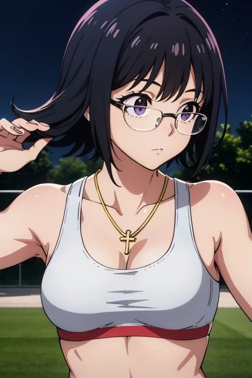 Purple Shizuku, 1 girl, cute, black hair, short hair, Glasses, Expressionless, とても巨大なchest, ((White Sports Bra:1.5)), (Front view, Upper body, looking at the scenery), (masterpiece, High resolution, highest quality, anime color, anime screenshot, 8K, realistic), denim, inverted cross chain necklace, (Perfect detailed anatomy, beautiful and fine eyes&hair, Beautiful detailed body&chest), night outdoors