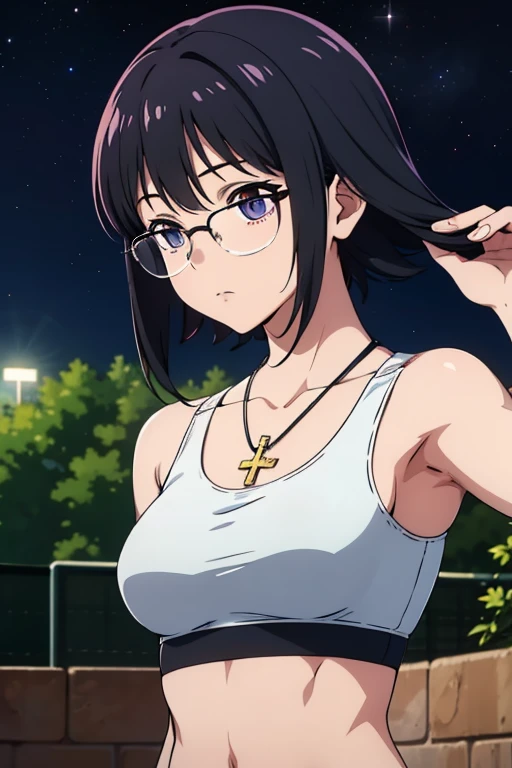 Purple Shizuku, 1 girl, cute, black hair, short hair, Glasses, Expressionless, とても巨大なchest, ((White Sports Bra:1.5)), (Front view, Upper body, looking at the scenery), (masterpiece, High resolution, highest quality, anime color, anime screenshot, 8K, realistic), denim, inverted cross chain necklace, (Perfect detailed anatomy, beautiful and fine eyes&hair, Beautiful detailed body&chest), night outdoors