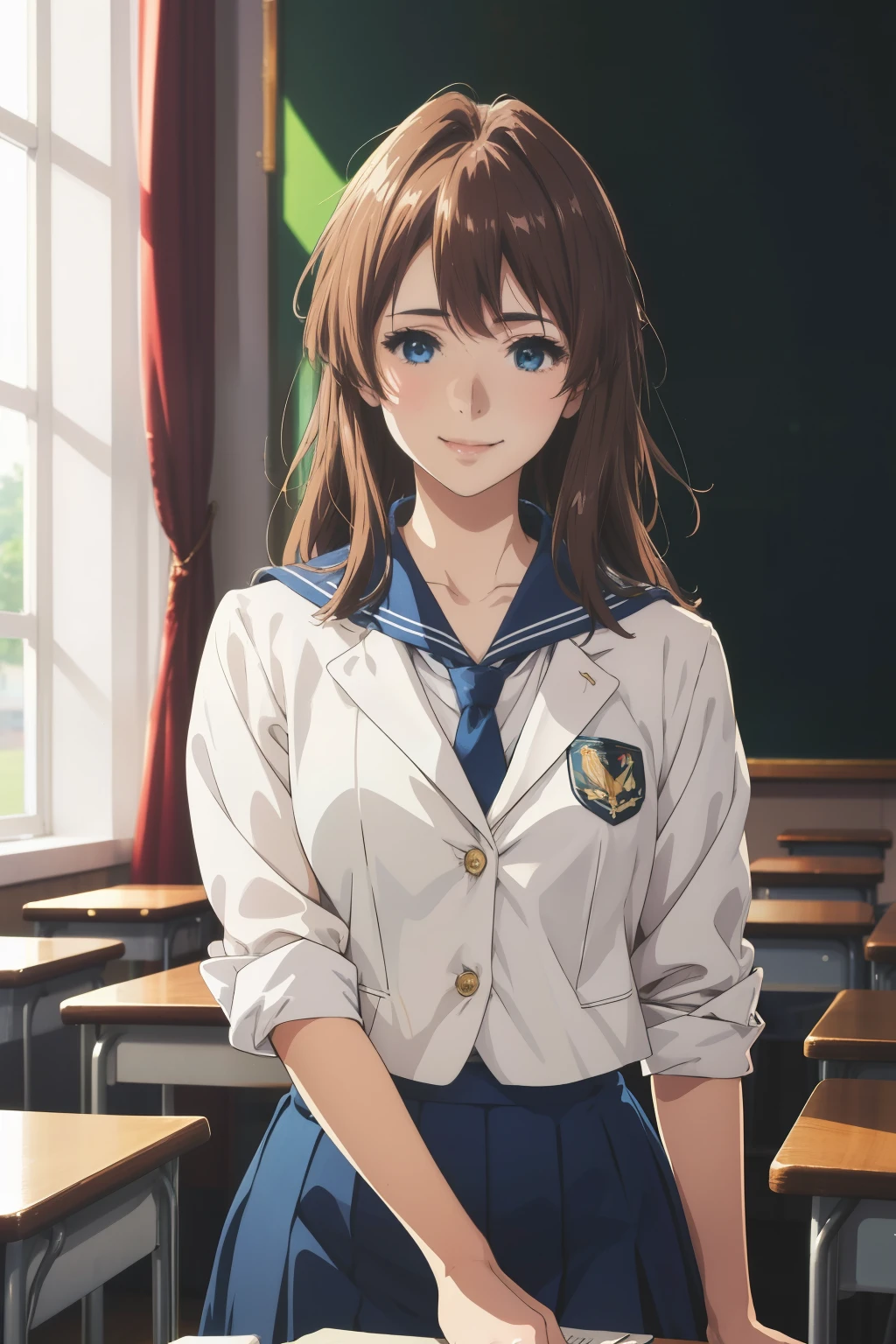 (1girl,anime,masterpiece, highest quality, highest quality,beautiful and aesthetic:1.2,professional illustration:1.1,ultra detail:1.3, official art, professional illustration, Super detailed depiction, Super precise depiction, Highly detailed 8K illustrations, High resolution,perfect anatomy, perfect face, perfect hands、smile )、brown hair、Lightly wavy hair、white blazer、navy blue tie、navy blue sailor collar、navy blue mini skirt , inside the classroom