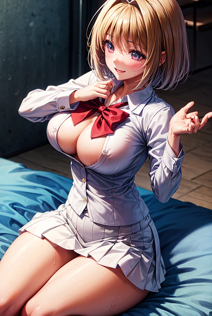 1 girl,highest quality,Super high quality,highest quality,anime characters,beautiful eyes,Detailed contours,big breasts,spread your legs,messy hair,from directly above,sweat all over,bronze hair,beautiful big breasts,I&#39;m climaxing,Delighted,Nipples seem to be visible but not visible,,on the bed,white Y-shirt,school uniform,Exposed shoulders,Angle from above,upper body only,Topless,Nipples are fully visible,Full view of pussy,smile,spread your legs,Kikyo Kushida,short hair,white hair band,white mini skirt,Red Blazer,Blue bow tie,