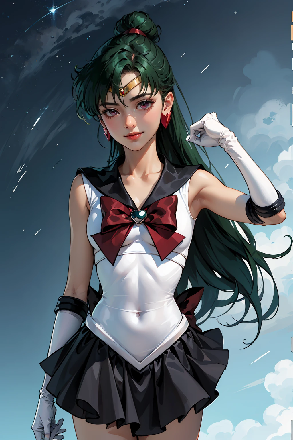 Masterpiece, Best Quality, High Resolution, 1girl, Solo, Ponytail, Green Hair, (Elbow Gloves), Headdress, dark red Bow, Tight Top, (Black Sailor Collar), White Gloves, Earrings, Smile, Black Skirt, (Sailor Pluto Uniform), (Sailor Pluto Uniform), standing, looking at the camera, dynamic poses. Leng Jun, White Top, Elbow Gloves