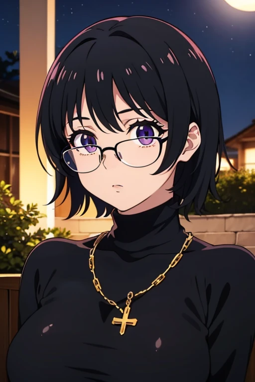 Purple Shizuku, 1 girl, cute, black hair, short hair, Glasses, Expressionless, very huge breasts, ((tight black long sleeve turtleneck:1.5)), (Front view, Upper body, looking at the scenery), (masterpiece, High resolution, highest quality, anime color, anime screenshot, 8K, realistic), denim, inverted cross chain necklace, (Perfect detailed anatomy, beautiful and fine eyes&hair, Beautiful detailed body&Clothes), night outdoors