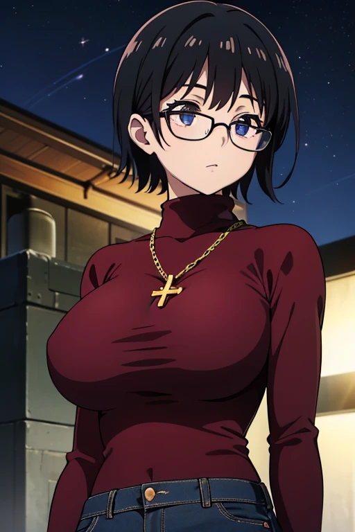 Purple Shizuku, 1 girl, cute, black hair, short hair, Glasses, Expressionless, very huge breasts, ((tight black long sleeve turtleneck:1.5)), (Front view, Upper body, looking at the scenery), (masterpiece, High resolution, highest quality, anime color, anime screenshot, 8K, realistic), denim, inverted cross chain necklace, (Perfect detailed anatomy, beautiful and fine eyes&hair, Beautiful detailed body&Clothes), night outdoors