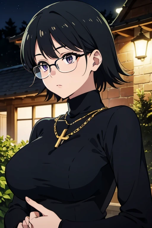 Purple Shizuku, 1 girl, cute, black hair, short hair, Glasses, Expressionless, very huge breasts, ((tight black long sleeve turtleneck:1.5)), (Front view, Upper body, looking at the scenery), (masterpiece, High resolution, highest quality, anime color, anime screenshot, 8K, realistic), denim, inverted cross chain necklace, (Perfect detailed anatomy, beautiful and fine eyes&hair, Beautiful detailed body&Clothes), night outdoors