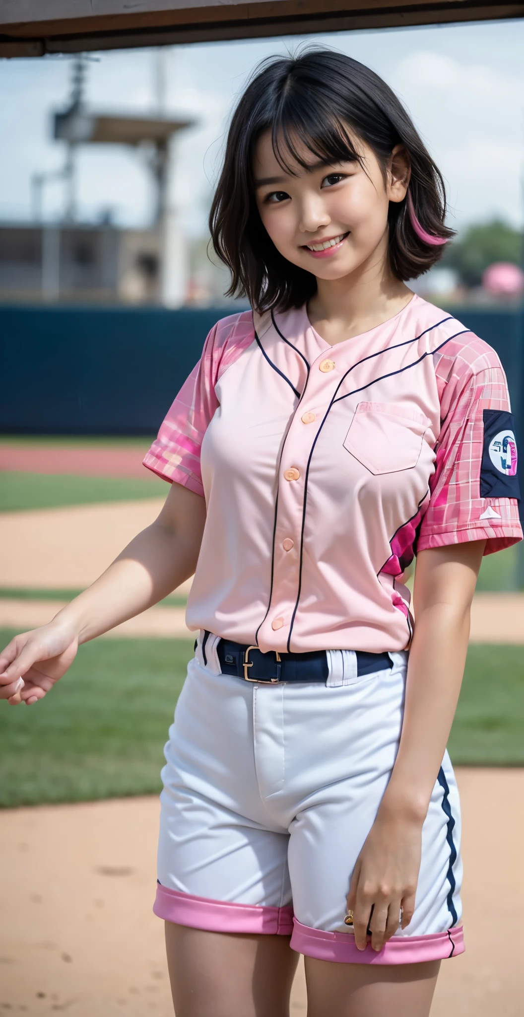 （8K、Raw photography、highest quality、masterpiece：1.2),(black haired、very short hair:1.9),show viewer,Looking at the front,erotic,白いskin,(wearing a pink and white baseball uniform:1.6)、(Clothing that emphasizes the shape of your chest、publish one&#39;skin:1.6)、(big boobs:1.5)、slim body shape、ultra high resolution,beautiful,beautiful fece,(alone, alone、no background:1.9),whole bodyボディー,japanese woman,（Photoreal：1.37）、photon mapping,reality、(Cute with a *********: 1.0)、(cute smile: 1.7)、(With a round face: 1.8)、radio city、Physically based rendering、depth of field rally background、photograph, (I can see your knees,close up of thighs、Too short pants with navy blue and pink plaid pattern、camel toe:1.6),whole body、super fine