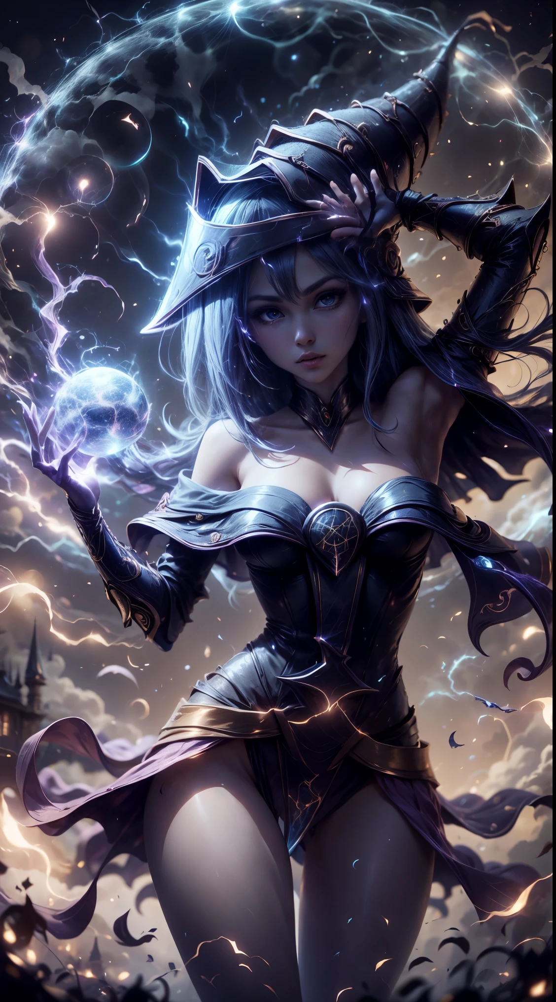 Dark magician gils bajo la luz de la luna, Atmospheric, Hora dorada, encantador, Oscuro y encantador, fondo de magia y hechizos. Pose sensual y sexy